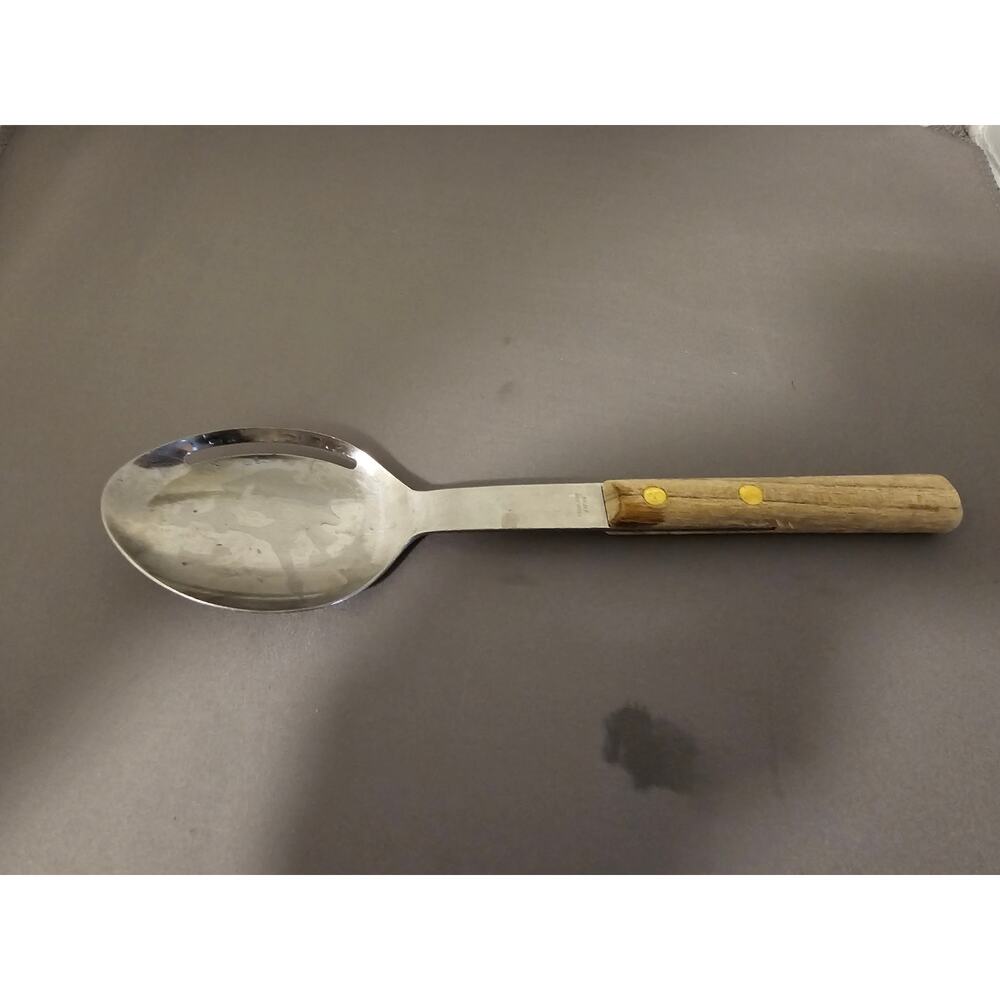 Vintage 9" Stainless Steel Serving Spoon w/Single Slot and Wood Handle - Japan